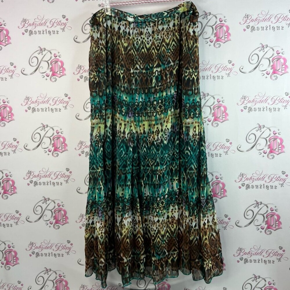 TanJay skirt long tiered Aztec boho ombrΓ© skirt Green and Brown Maxi Skirt - Picture 2 of 8